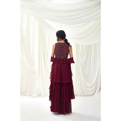 Lavanya Ahuja Burgundy Sharara with Peplum Top and Dupatta (Set of 3)