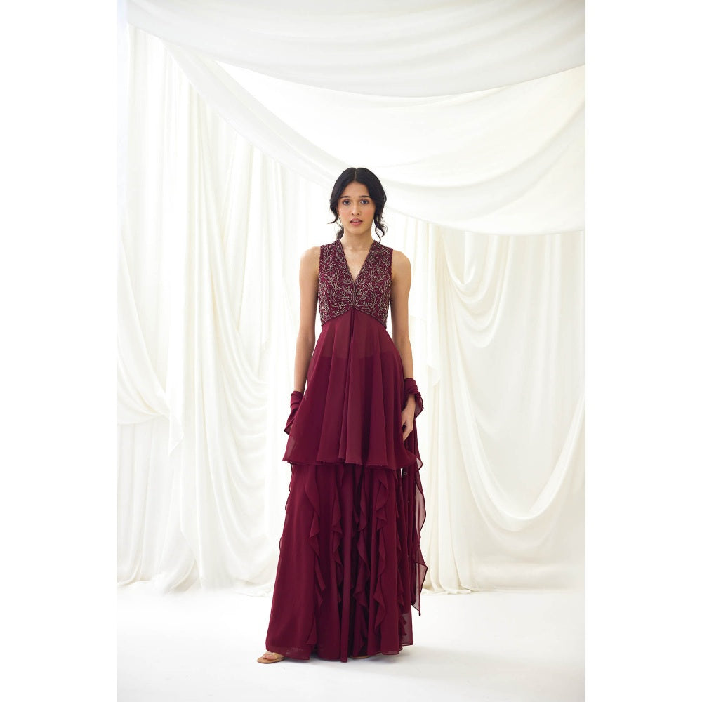 Lavanya Ahuja Burgundy Sharara with Peplum Top and Dupatta (Set of 3)