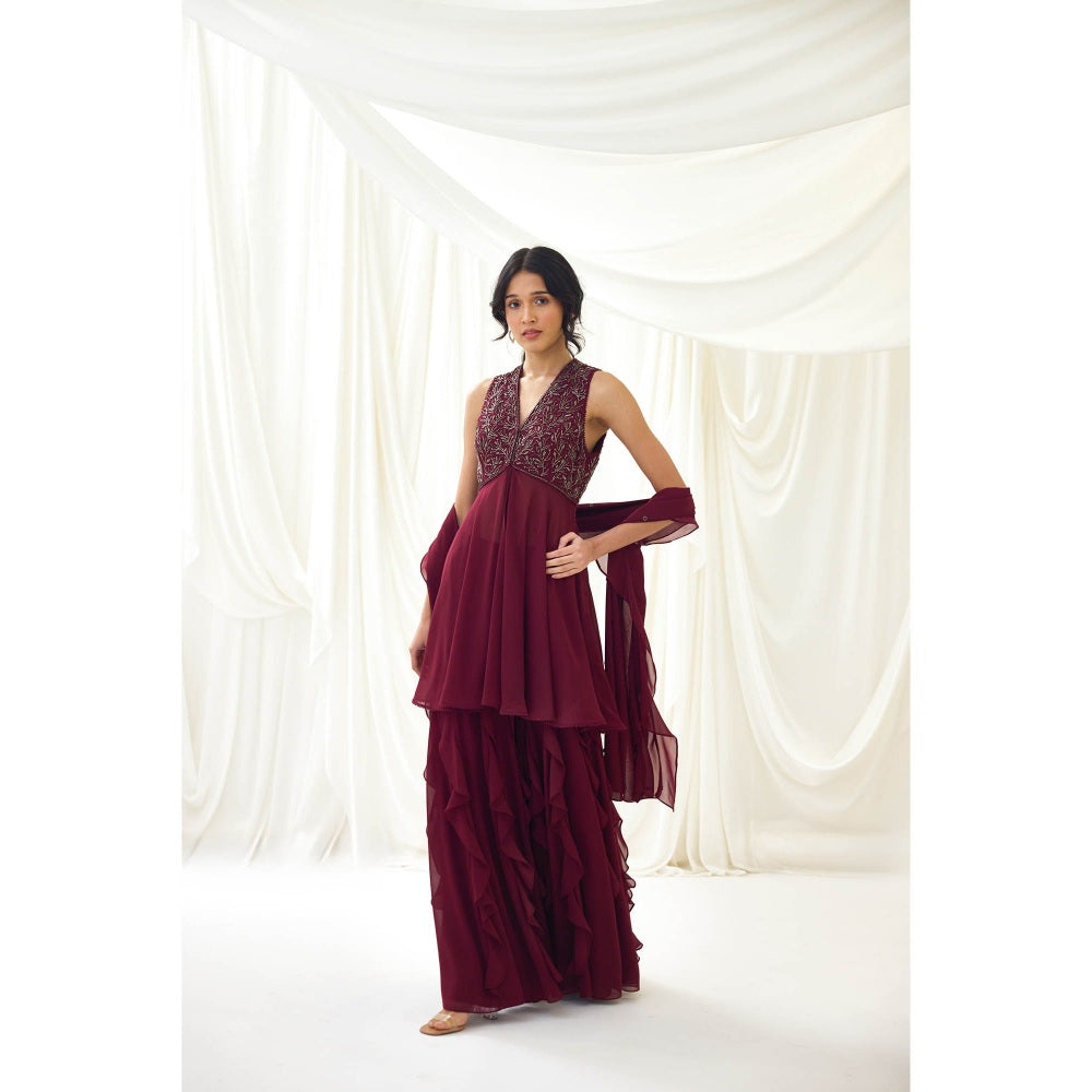 Lavanya Ahuja Burgundy Sharara with Peplum Top and Dupatta (Set of 3)