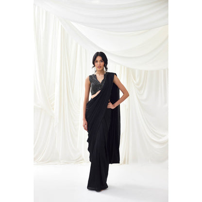 Lavanya Ahuja Black Metallic Pre-Draped Saree with Stitched Blouse