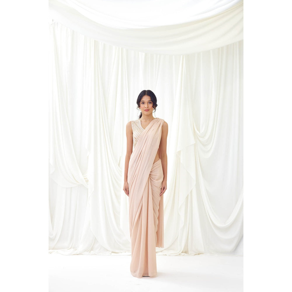 Lavanya Ahuja Beige Pre-Draped Saree with Stitched Blouse