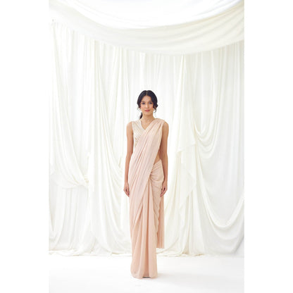 Lavanya Ahuja Beige Pre-Draped Saree with Stitched Blouse