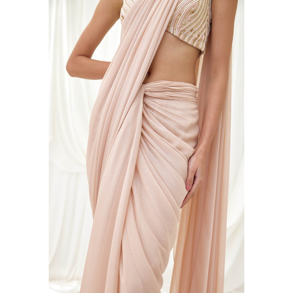 Lavanya Ahuja Beige Pre-Draped Saree with Stitched Blouse