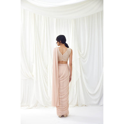 Lavanya Ahuja Beige Pre-Draped Saree with Stitched Blouse