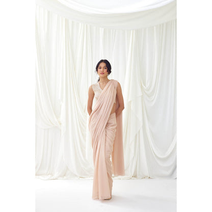 Lavanya Ahuja Beige Pre-Draped Saree with Stitched Blouse