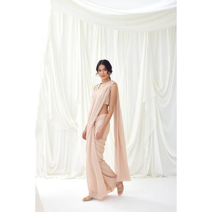 Lavanya Ahuja Beige Pre-Draped Saree with Stitched Blouse