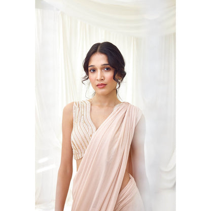 Lavanya Ahuja Beige Pre-Draped Saree with Stitched Blouse