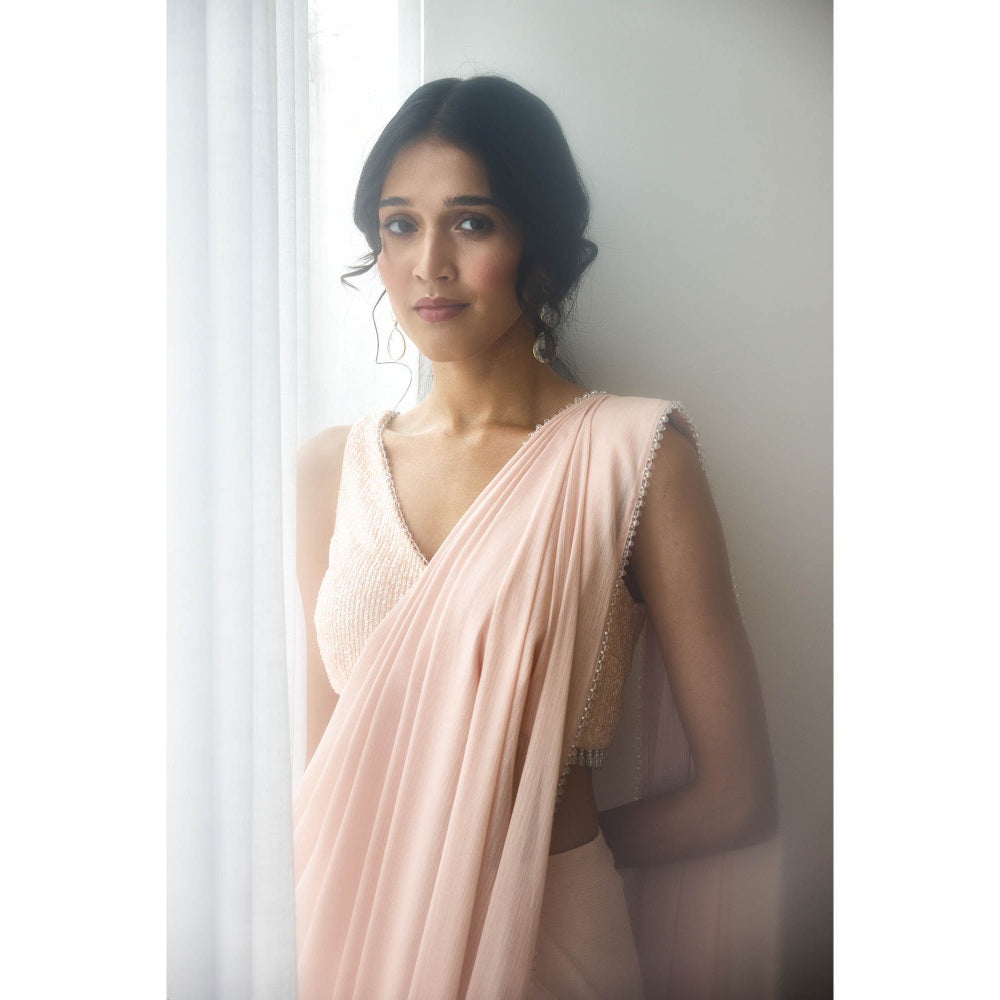 Lavanya Ahuja Pink Blush Pre-Draped Saree with Stitched Blouse