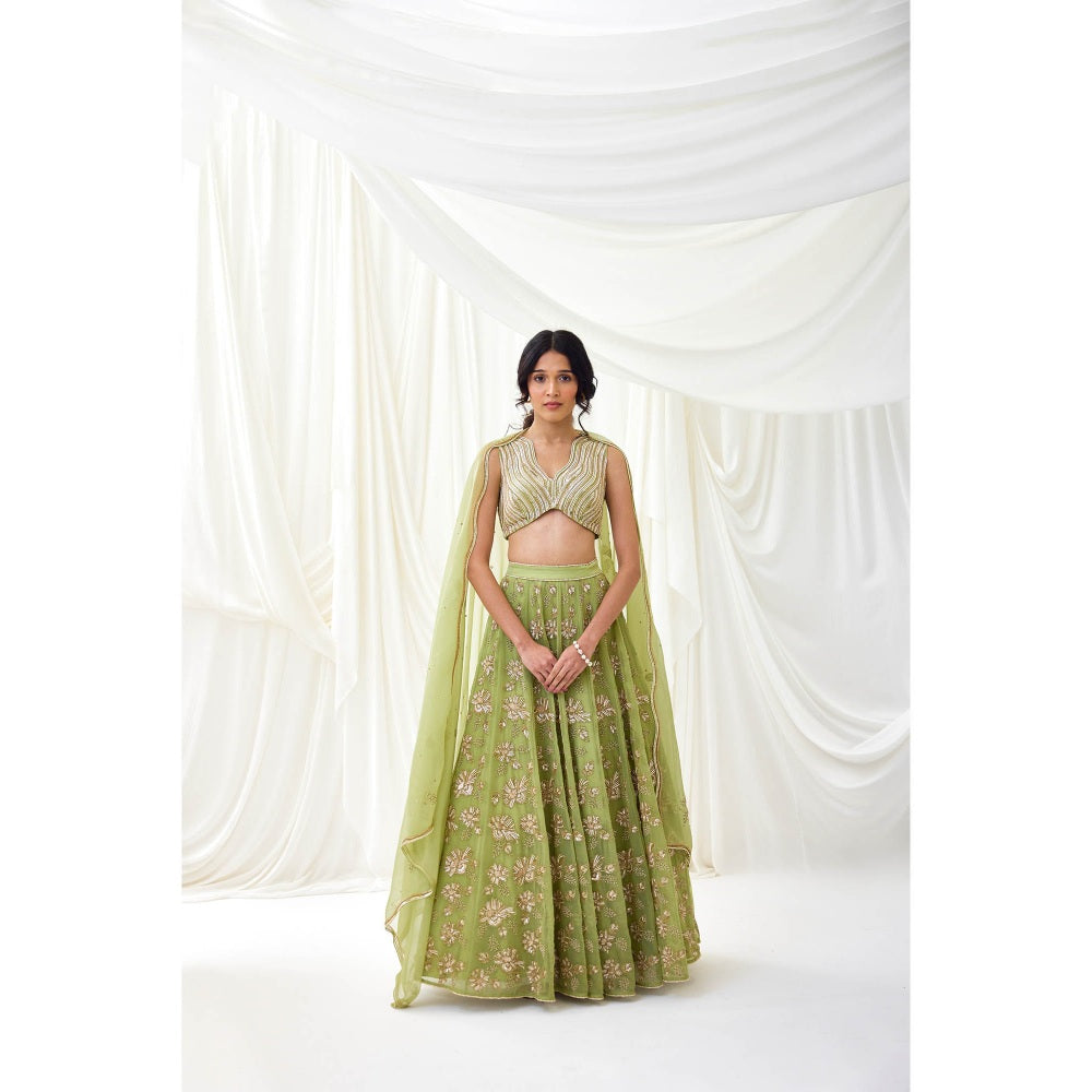 Lavanya Ahuja Green Embroidered Organza Lehenga with Blouse and Dupatta (Set of 3)
