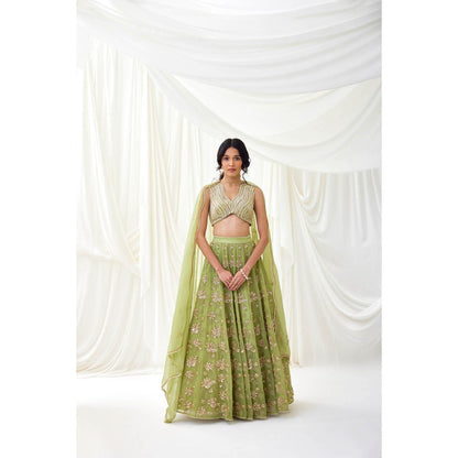 Lavanya Ahuja Green Embroidered Organza Lehenga with Blouse and Dupatta (Set of 3)