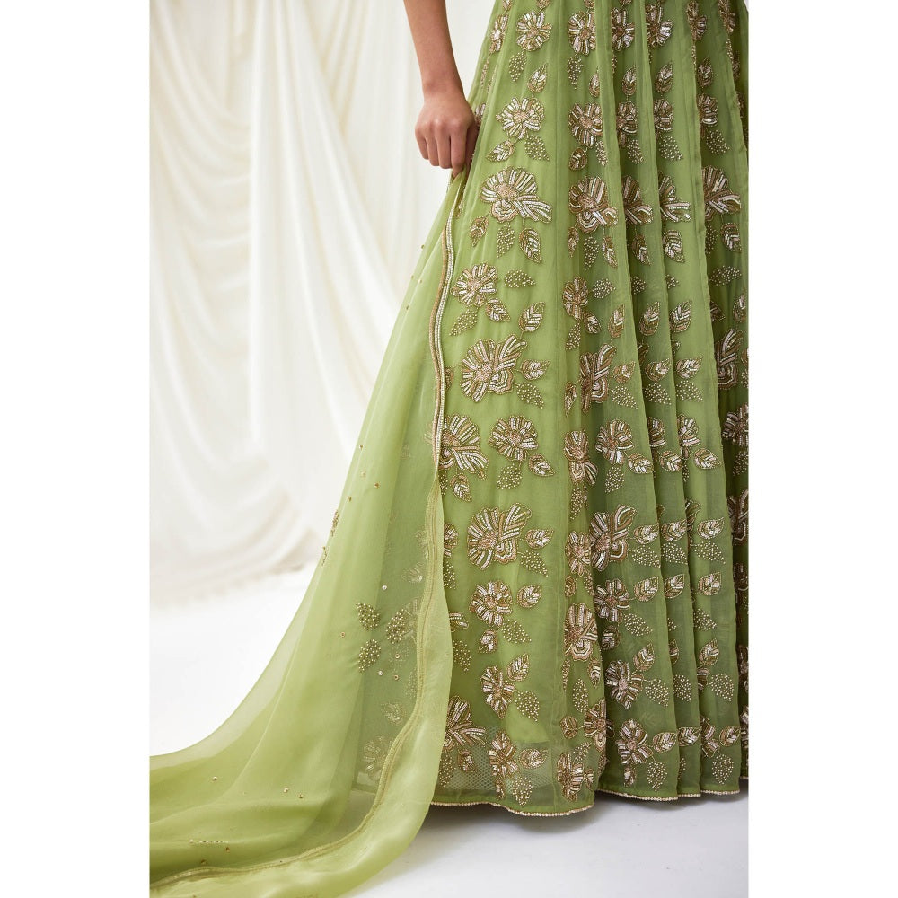 Lavanya Ahuja Green Embroidered Organza Lehenga with Blouse and Dupatta (Set of 3)