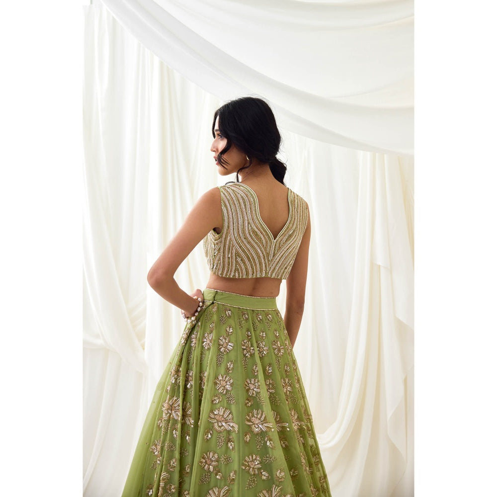 Lavanya Ahuja Green Embroidered Organza Lehenga with Blouse and Dupatta (Set of 3)
