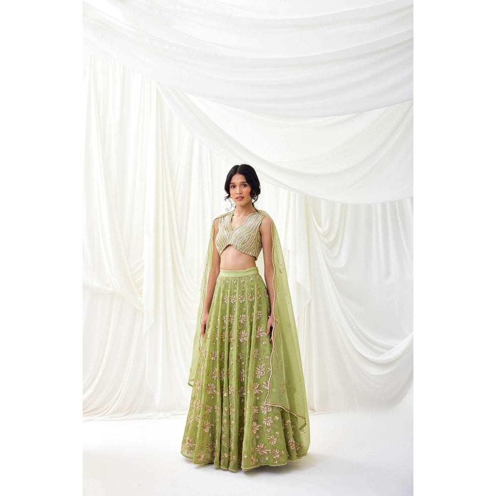 Lavanya Ahuja Green Embroidered Organza Lehenga with Blouse and Dupatta (Set of 3)