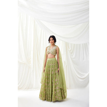 Lavanya Ahuja Green Embroidered Organza Lehenga with Blouse and Dupatta (Set of 3)