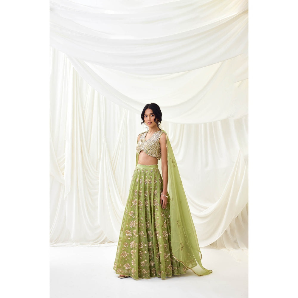 Lavanya Ahuja Green Embroidered Organza Lehenga with Blouse and Dupatta (Set of 3)