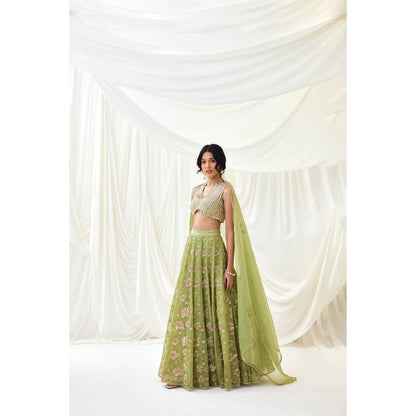 Lavanya Ahuja Green Embroidered Organza Lehenga with Blouse and Dupatta (Set of 3)