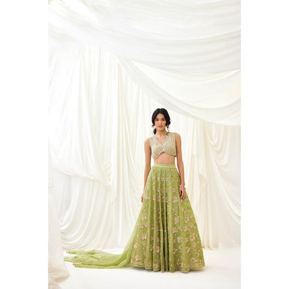 Lavanya Ahuja Green Embroidered Organza Lehenga with Blouse and Dupatta (Set of 3)