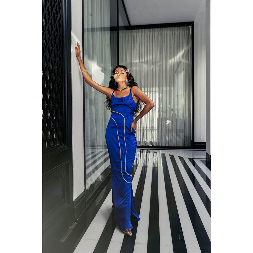 Lea Clothing Annette Sapphire Blue Satin Rhinestone Dress