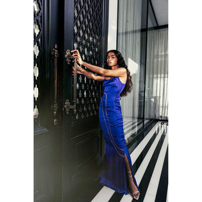 Lea Clothing Annette Sapphire Blue Satin Rhinestone Dress