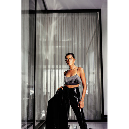 Lea Clothing Sydney Black Rhinestone Crop Top