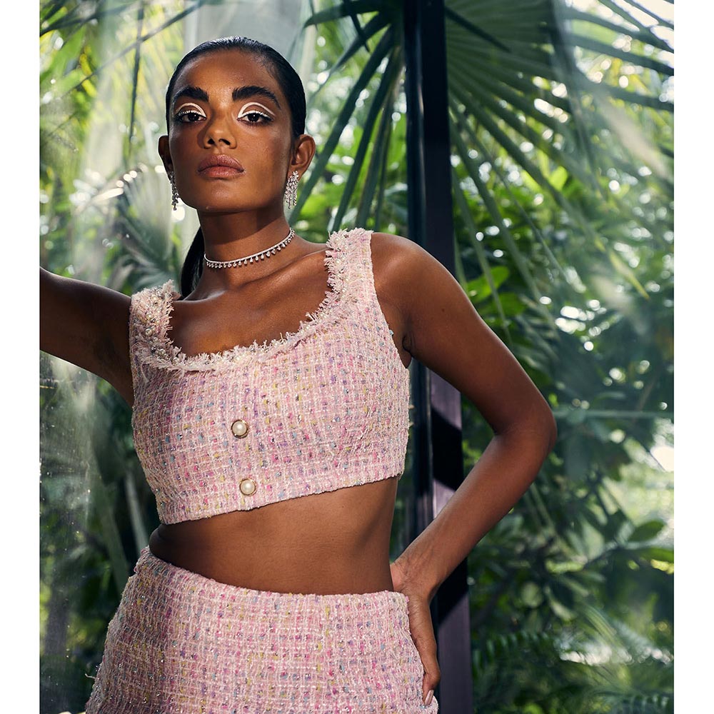 Lea Clothing Caroline Pink Tweed Crop Top
