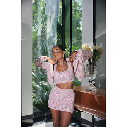 Lea Clothing Caroline Pink Tweed Crop Top