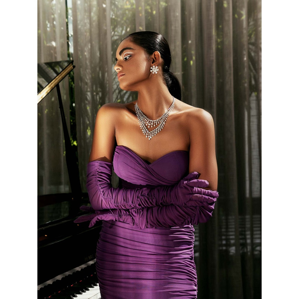 Lea Clothing Audrey Purple Ruched Mesh Corset Dress (Set of 2)