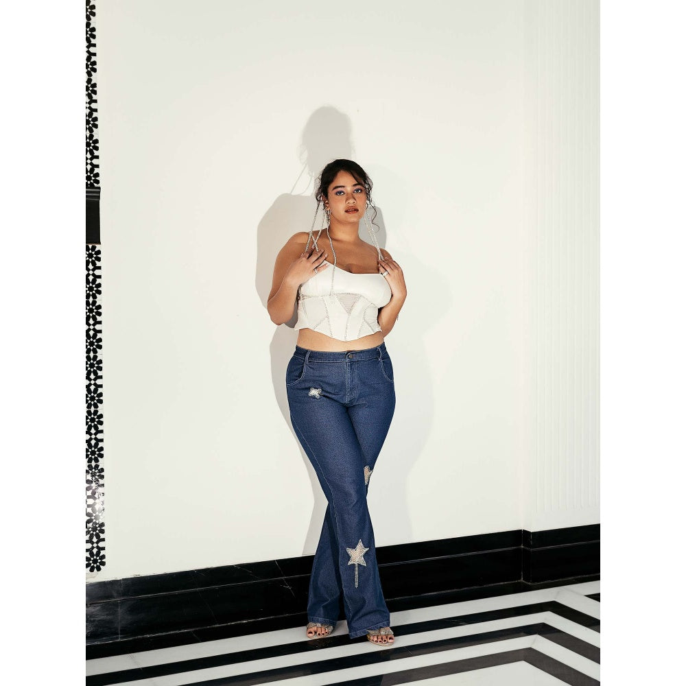Lea Clothing Maude Rhinestone Embroidered Flared Blue Jeans