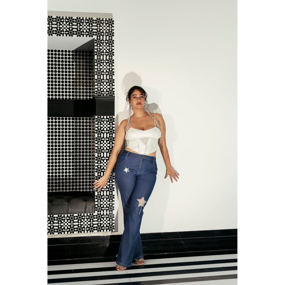 Lea Clothing Maude Rhinestone Embroidered Flared Blue Jeans