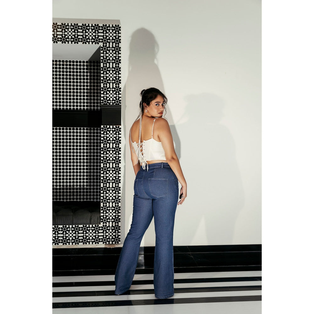 Lea Clothing Maude Rhinestone Embroidered Flared Blue Jeans