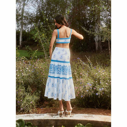 Lea Clothing Alessa White and Blue Print Lace Skirt (Set of 2)