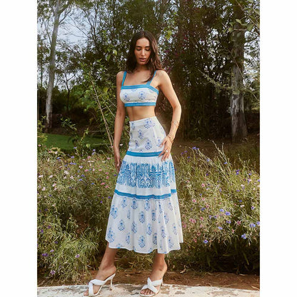Lea Clothing Alessa White and Blue Print Lace Skirt (Set of 2)