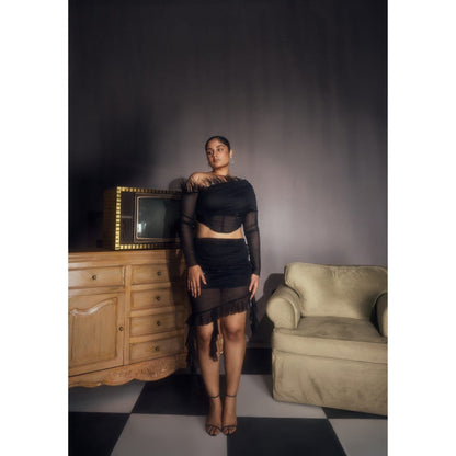 Lea Clothing Elitsa Glitter Mesh Crop Top with Skirt Black (Set of 2)