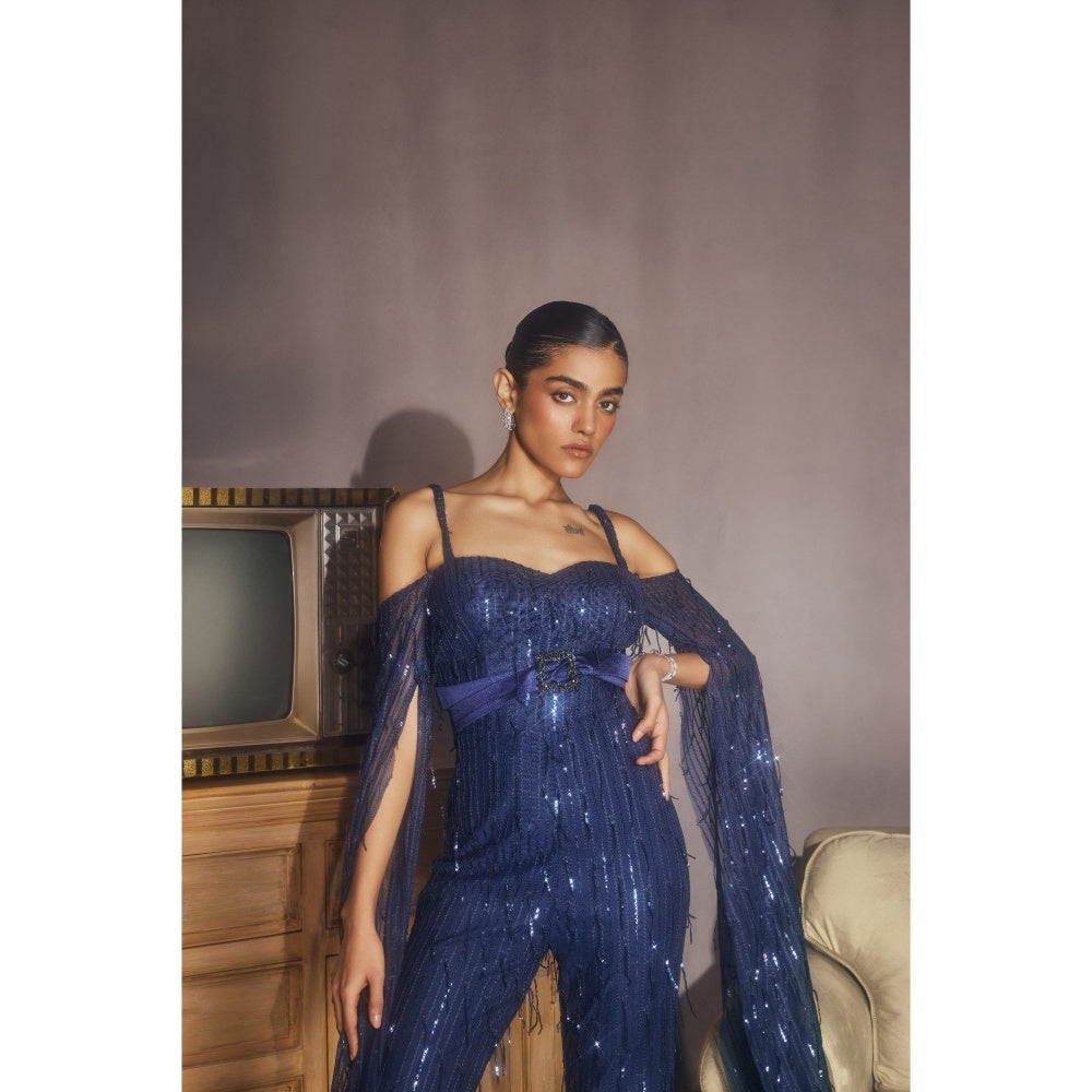 Lea Clothing Huyen Sapphire Embellished Flared Sleeve Jumpsuit Navy Blue