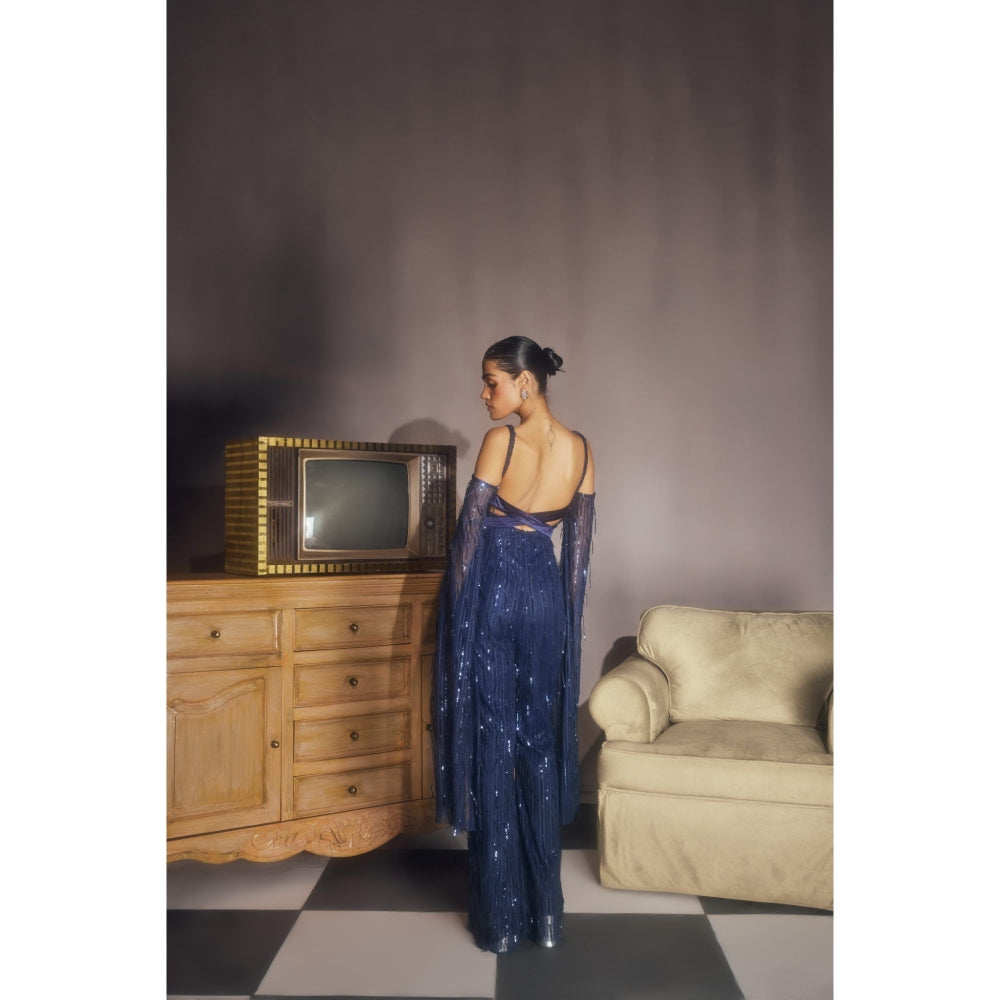 Lea Clothing Huyen Sapphire Embellished Flared Sleeve Jumpsuit Navy Blue