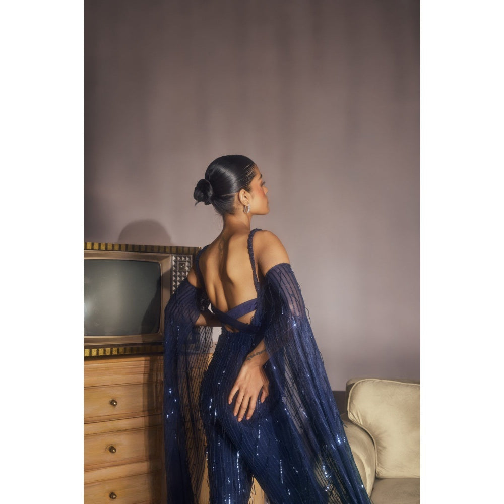 Lea Clothing Huyen Sapphire Embellished Flared Sleeve Jumpsuit Navy Blue