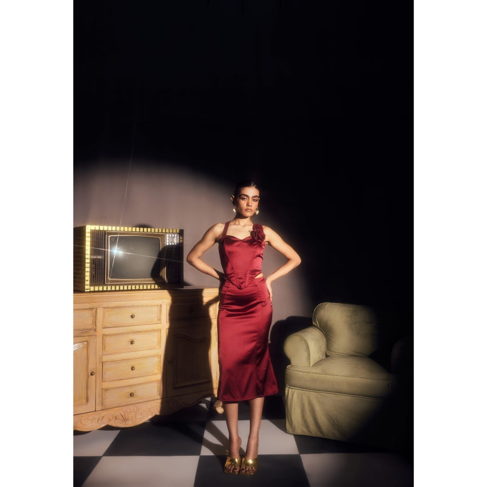 Lea Clothing Alina Burgundy Corset Top & Midi Skirt Maroon (Set of 2)