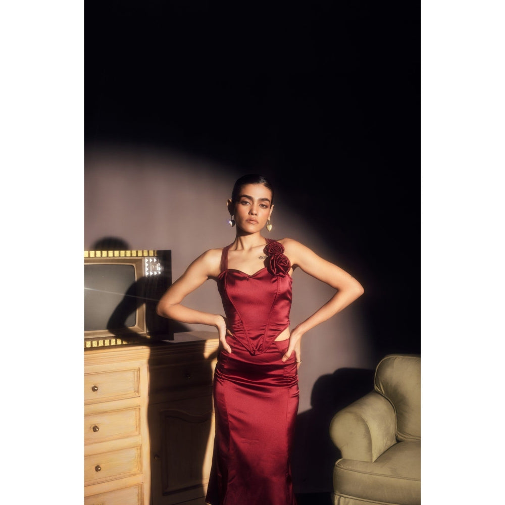 Lea Clothing Alina Burgundy Corset Top & Midi Skirt Maroon (Set of 2)