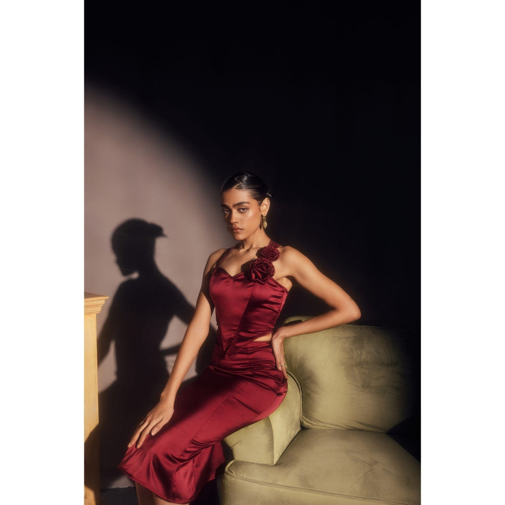 Lea Clothing Alina Burgundy Corset Top & Midi Skirt Maroon (Set of 2)