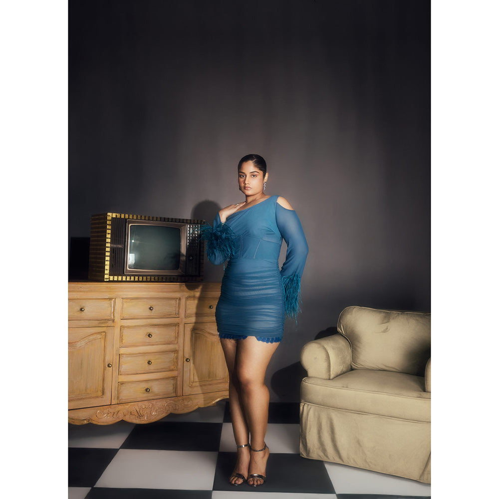 Lea Clothing Peyton Teal Ruched Feather Embellished Dress