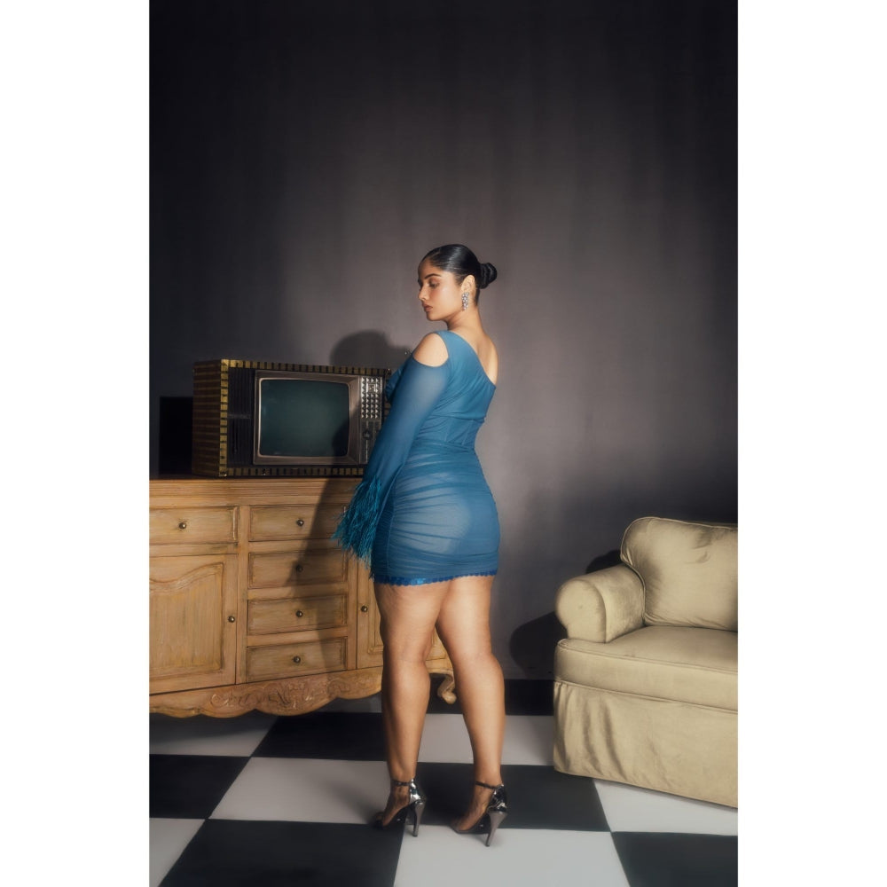 Lea Clothing Peyton Teal Ruched Feather Embellished Dress