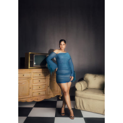 Lea Clothing Peyton Teal Ruched Feather Embellished Dress
