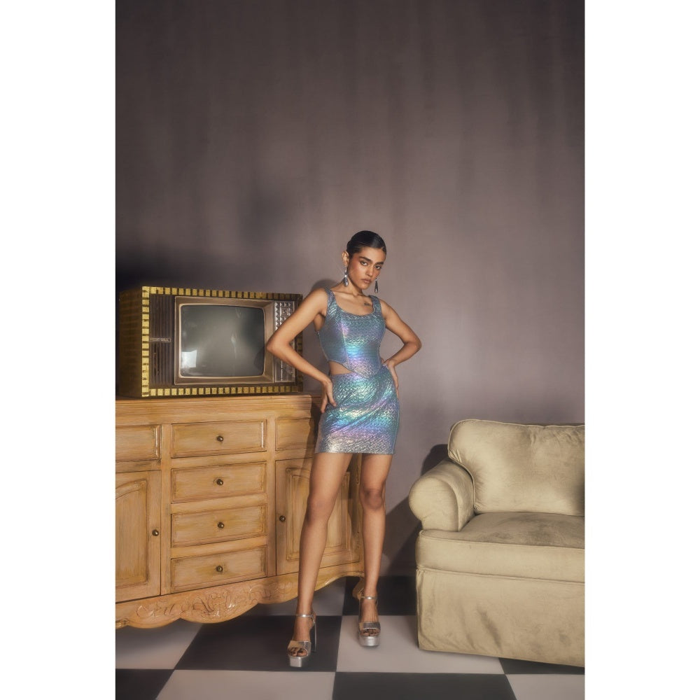 Lea Clothing Zola Rainbow Holographic Corset & Mini Skirt Multi-Color (Set of 2)