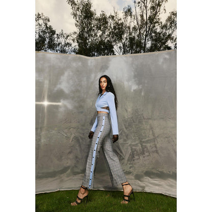 Lea Clothing Agnes Baby Blue Blazer Style Top & Checked Trousers (Set of 2)