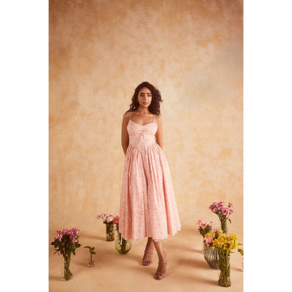 Lea Clothing Brynlee Baby Pink Floral Printed Corset Midi Dress