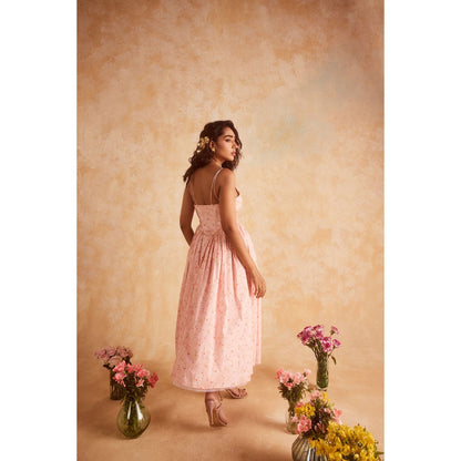 Lea Clothing Brynlee Baby Pink Floral Printed Corset Midi Dress