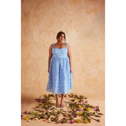 Lea Clothing Patricia Blue Schiffli Midi Dress