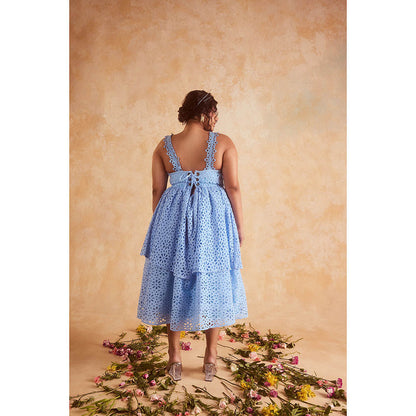 Lea Clothing Patricia Blue Schiffli Midi Dress