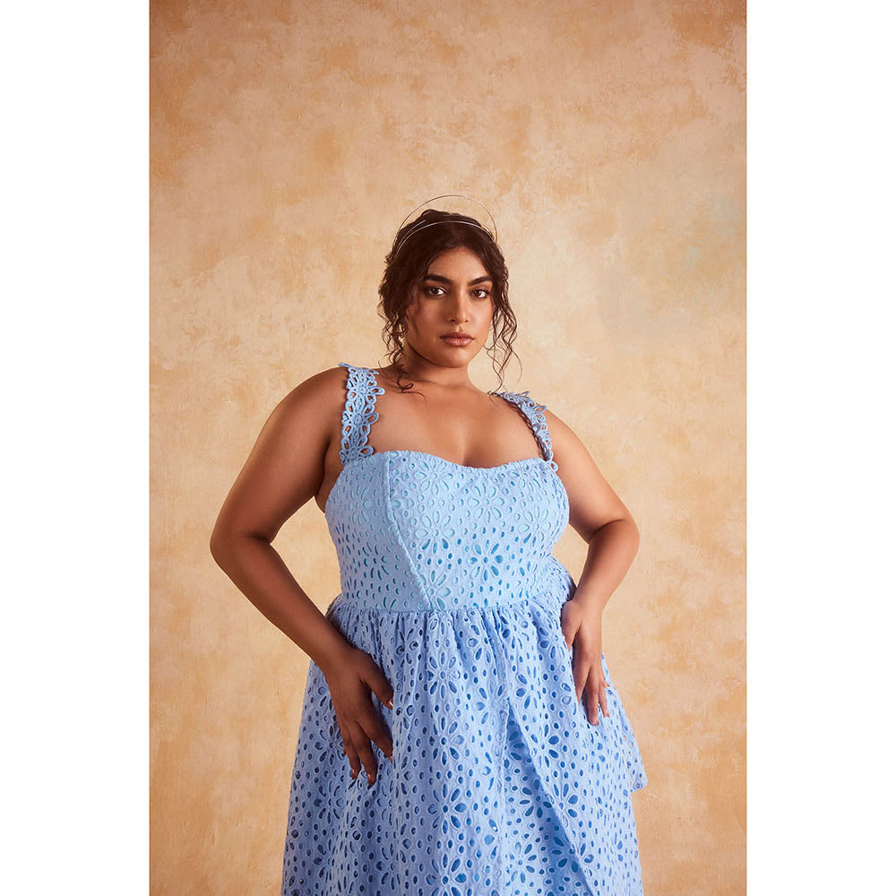 Lea Clothing Patricia Blue Schiffli Midi Dress