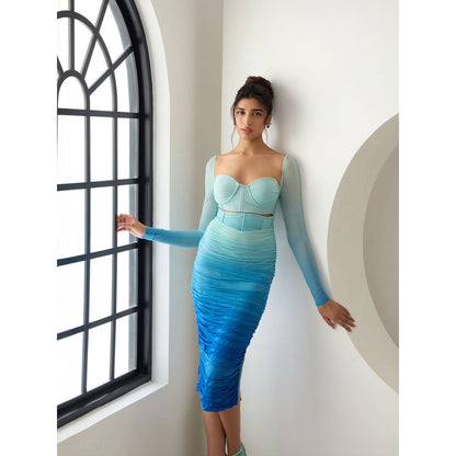 Lea Clothing Tatiana Blue Ombre Ruched Mesh Midi Corset Dress